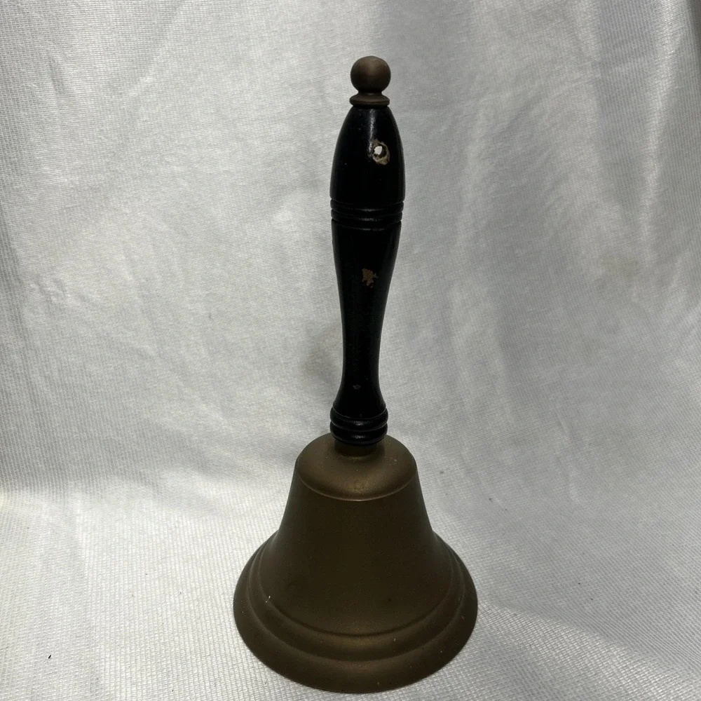 Vintage Large Brass Hand Bell Loud School Church Desk Wood Handle 10 inches .
